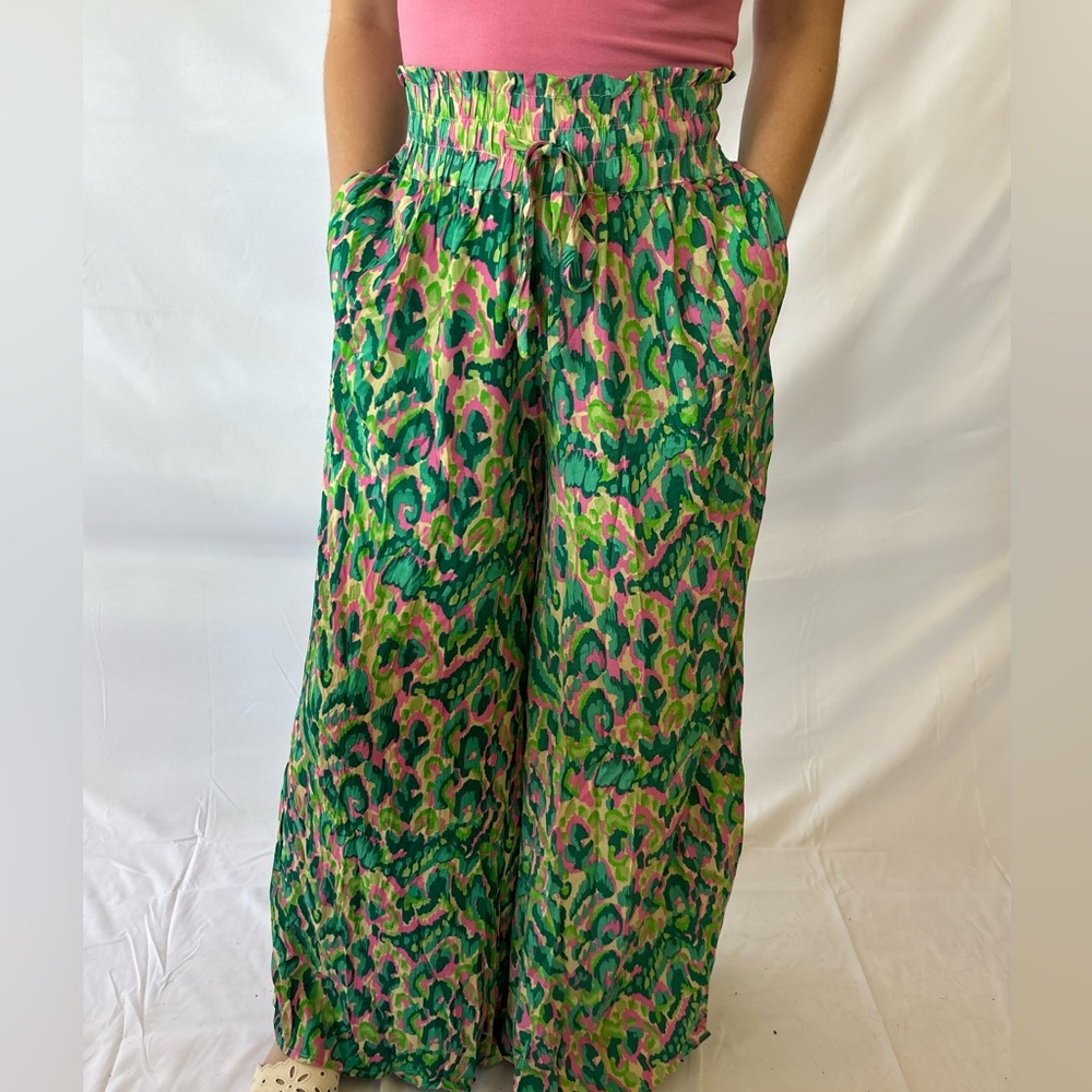 Patterned Green & Pink Women's Paper-bag Pants